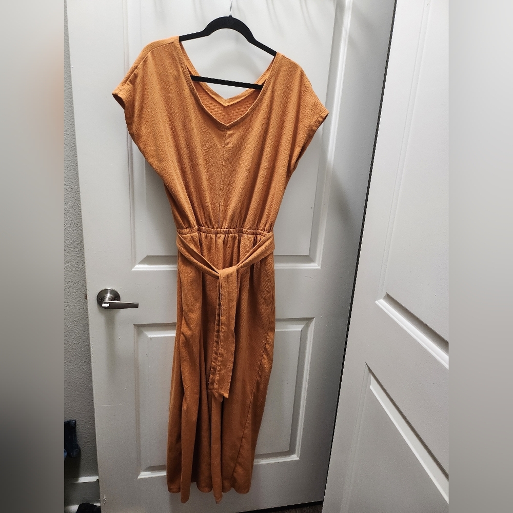 Vibrant Orange and Gold Jumpsuit with Elastic Waist